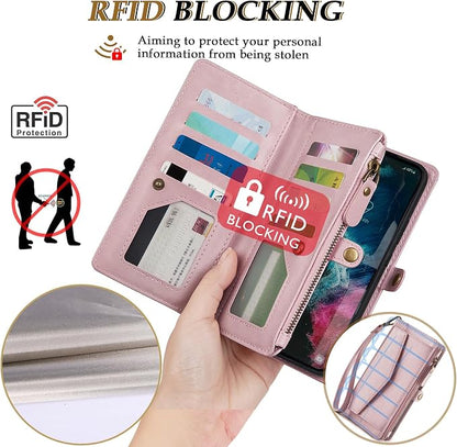 Compatible with iPhone 17 Pro 6.3" Wallet Case with RFID Blocking Card Holder for Women, PU Leather Flip Zipper Wallet Detachable Magnetic Phone Case Crossbody Strap, Pink
