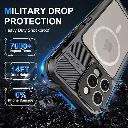 WIFORT for iPhone 15 Pro Max Waterproof Case - Metal Shockproof Phone Case Built-in Screen Protector [IP68 Water Proof][14FT Military Grade ], Heavy Duty Full Body Drop Protection Cover, 6.7" Black