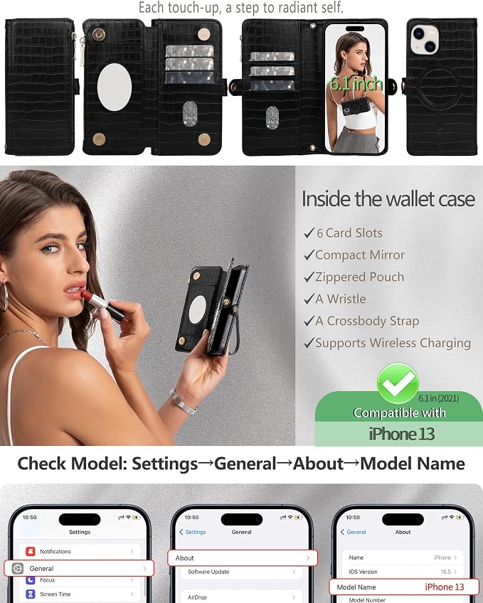 Crossbody Wallet Case for iPhone 13 with Mirror, Wrist Strap, Zipper Purse Magnetic Flip RFID Blocking Card Holder, Wireless Charging, PU Leather Shockproof 6.1" Women (Black)