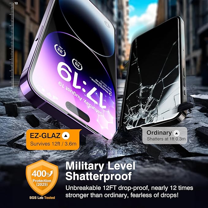 EZ-GLAZ- 4 Pack for iPhone 14 Pro Screen Protector[6.1"] With 2 Pack Camera Lens Protector, 9H+ Hardness 12FT Military Grade Shatterproof Scratch Resistant Durable Tempered Glass Film with Flawless Fit Kit, HD Clear