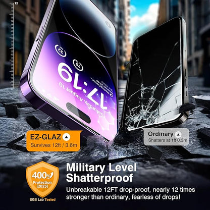 EZ-GLAZ- 4 Pack for iPhone 14 Pro Screen Protector[6.1"] With 2 Pack Camera Lens Protector, 9H+ Hardness 12FT Military Grade Shatterproof Scratch Resistant Durable Tempered Glass Film with Flawless Fit Kit, HD Clear
