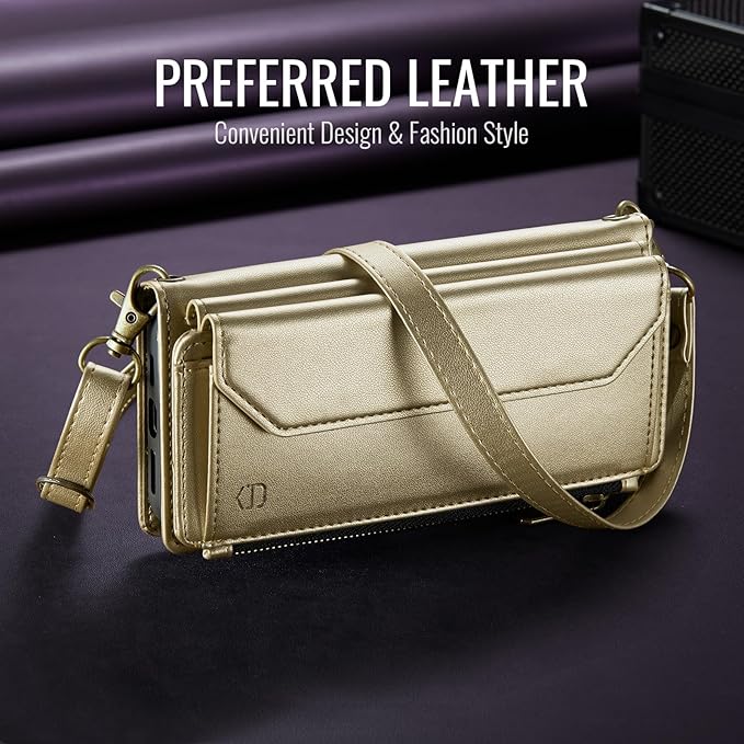 Strapurs Wallet Case Compatible with iPhone 16 Pro 6.3" RFID Blocking 10-Card Holder Soft PU Leather Magnetic Snap Shoulder Strap Zipper Pocket Phone Case Fit for iPhone 16 Pro for Women - Gold