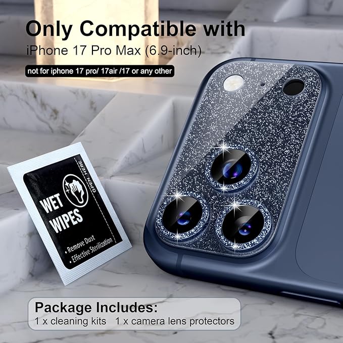 Choiche Compatible for iPhone 17 Pro Max Camera Lens Protector, Bling Camera Cover with 9H Tempered Glass Lens Screen Protector Metal Ring Decoration Accessories 6.9-inch (Glitter-Blue)