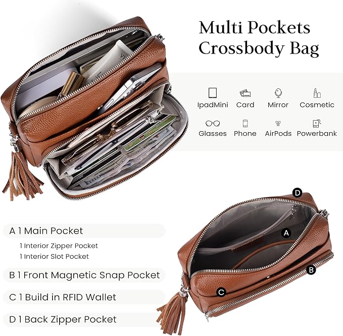 befen Genuine Leather Crossbody Purses for Women Small Crossbody Bags Purse with Built in RFID Blocking Wallet
