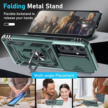 Janmitta Compatible with Samsung Galaxy S25 Plus/S24 Plus Case Built in Slide Camera Lens Cover+Screen Protector+Finger Ring Holder Kickstand,Heavy Duty Shockproof Full Body Phone Cover,Dark Green
