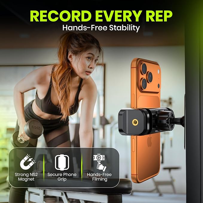 Magnetic Phone Holder for Gym with N52 Magnet and Secure Clip, Strong Magnetic Phone Mount for All Phones, Attaches to Metal Surfaces, Portable Gym Accessories for Men & Women, Secure Grip