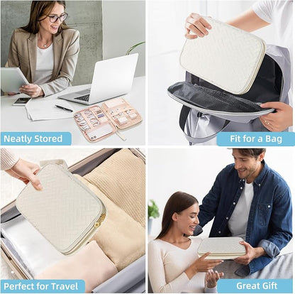Electronics Organizer Travel Case, Charger Bag Cord Organizer Travel, All-in-One Cable Organizer Bag for Charger, Cords, Phone, Headphones, Flash Drive, SD Card (Beige, Large-Double Layer)