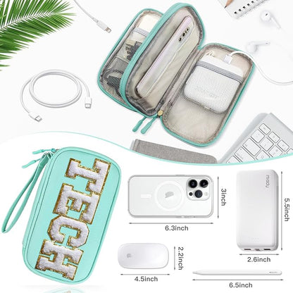 COSHAYSOO Electronics Organizer Bag Travel with Chenille Letter Patch Traveling Must Have Accessories Cute Personalized Gift for Women Cable Cord Charger Storage Pouch (Teal Blue)