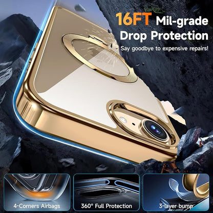 [Tri-Shield Protection] for iPhone 17e/16e Case with 360° Spin Stand Compatible with MagSafe [Magnetic CD Ring] [Screen & Camera Lens Protector] Shockproof Plating Never-Yellowing, Gold-6.1"