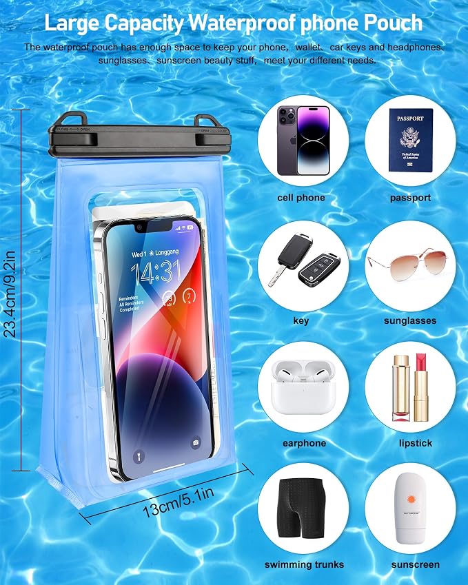 Large Waterproof Phone Pouch Universal Phone Waterproof Case for iPhone 15 14 13 12 Pro Max Galaxy S22 S21 IPX8 Water Proof Dry Bag with Wide Lanyard Large Capacity Waterproof Bag for Swimming