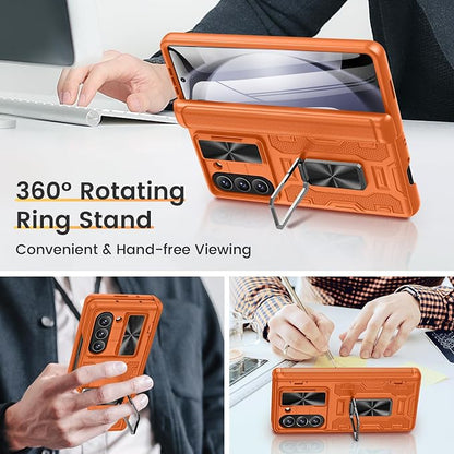 VEGO for Galaxy Fold 5 Case,with Slide Camera Cover Screen&Hinge Protector | Full Body Protection Shockproof Magnetic Kickstand Hard Phone Case for Samsung Galaxy Z Fold 5 2023-Orange