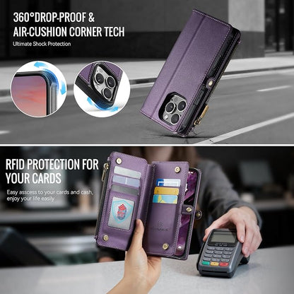 Strapurs for iPhone 16 Pro Detachable Wallet Case Compatible with Magsafe, RFID Blocking 9-Card Holder Zipper Wrist Strap Lanyard PU Leather Magnetic Phone Case for iPhone 16 Pro 6.3", Purple