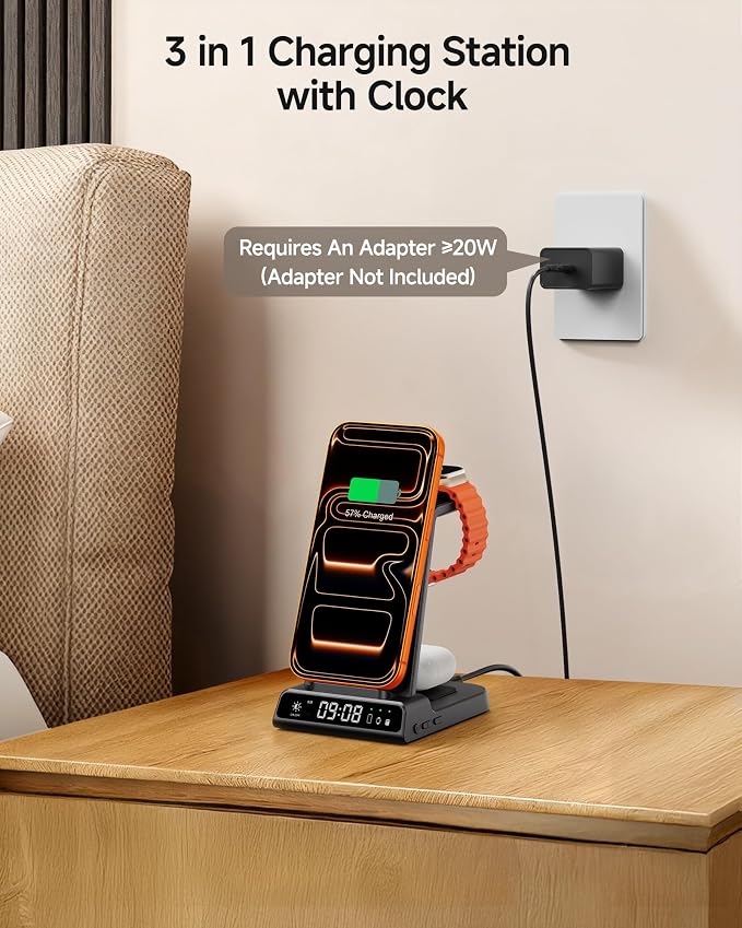 Wireless Charger for iPhone 17, 3 in 1 Charging Station for Apple Watch Watch 11/10/9/8/7/6, Ultra 3/SE 3, for iPhone 17/16/15/14/13/12/11/X Series, for Air Pods 4/Pro 3 (No Adapter) (Tech Grey)