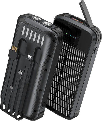 Solar Charger Power Bank, PD 20W Fast Charging External Batter, 40000mAh Portable Phone Charger Built in 4 Cables with Dual Bright Flashlights for Camping, Hiking, and Outdoor Use (Black)