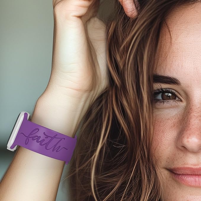 Faith with Cross Watch Band Compatible with Apple Watch Laser Engraved iWatch Band Silicone 38mm 40mm 41mm 42mm 44mm 45mm 46mm 49mm Strap Jesus Psalm Christian God Blessed (Purple, 38/40/41mm M/L)