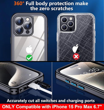 SPIDERCASE ONLY Designed for iPhone 15 Pro Max Waterproof, [Built-in Screen & Camera Protection] [IP68 Underwater]12FT Military Full-body Shockproof Anti-Scratched Rugged Phone Case 6.7”, Black/Clear