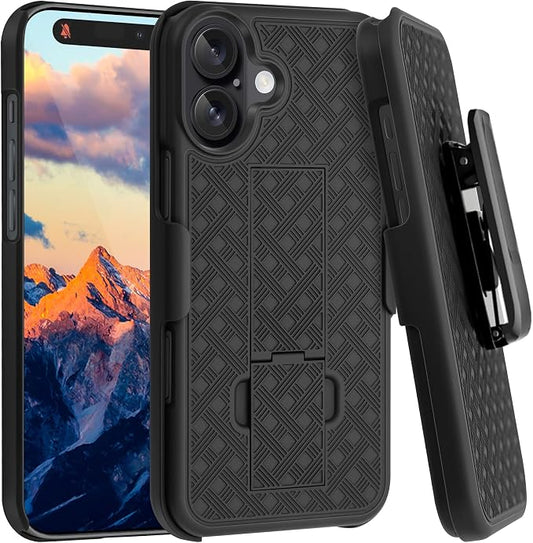 Fingic for iPhone 16 Case,iPhone 16 Belt Clip Holster Case Slim Combo Shell with Kickstand Swivel Holster Rugged Shockproof Antiscratch Full Body Protective for iPhone 16,6.1“,2024,Black