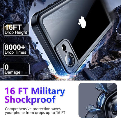 Temdan Compatible with iPhone 16e Case Waterproof, Built-in Screen & Camera Protector IP68 Underwater Full Body 16FT Military Dropproof Shockproof Phone Case for iPhone 16e 6.1"-Black/Clear