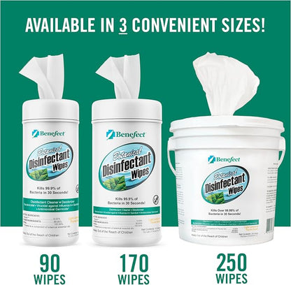 Benefect Botanical Disinfecting Wipes - (170 Wipe Count) Natural, No Residue - Antibacterial Disinfectant, Multi-Surface Cleaning and Sanitizing Wipes