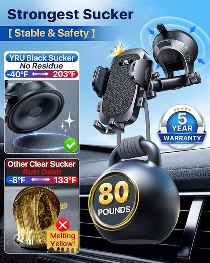 YRU [True Upgrade for Safety] Car Phone Holder Mount [Patent & Military-Grade] Dashboard Cell Phone Holder for Car Vent Windshield Phone Stand for iPhone 17 16 15 14 13 Pro Max Truck Samsung, Black