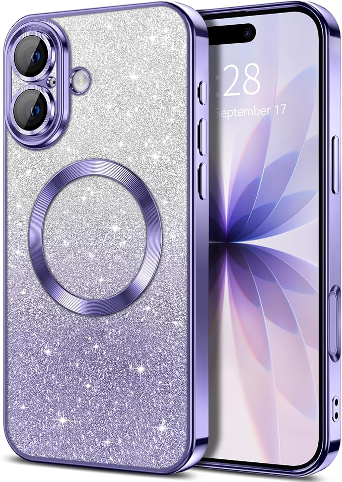 Hython for iPhone 17 Case Glitter Clear Magnetic Phone Cases [Compatible with MagSafe] Full Camera Lens Protector Sparkle Luxury Plating Slim Shockproof Protective Cover, Gradient Light Purple