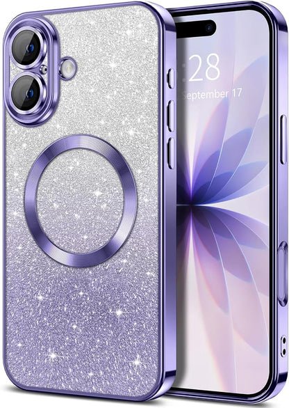 Hython for iPhone 17 Case Glitter Clear Magnetic Phone Cases [Compatible with MagSafe] Full Camera Lens Protector Sparkle Luxury Plating Slim Shockproof Protective Cover, Gradient Light Purple