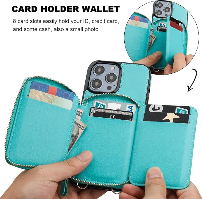 Bocasal RFID Blocking Wallet Case for iPhone 14 Pro Max, Adjustable Crossbody Zipper Purse with Kickstand and Detachable Wrist Strap, PU Leather Flip Folio Case 6.7 Inch 5G (Mint Green)