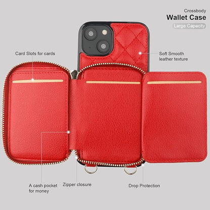 Bocasal Crossbody Wallet Case for iPhone 14, RFID Blocking PU Leather Zipper Handbag Purse Flip Cover, Kickstand Folio Case with Card Slots Holder Wrist Strap Lanyard 5G 6.1 Inch (Red)