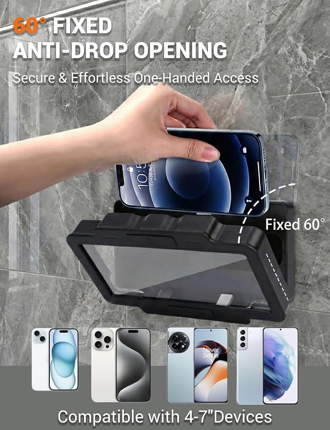 Shower Phone Holder Waterproof 360° Adjustable Rotating, Anti-Fog Touch Screen Wall Mount Phone Stand for Bathroom Mirror Bathtub Kitchen, Fits iPhone 17 16 15 Pro Max for 4-7" Cellphones Black