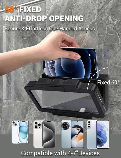 Shower Phone Holder Waterproof 360° Adjustable Rotating, Anti-Fog Touch Screen Wall Mount Phone Stand for Bathroom Mirror Bathtub Kitchen, Fits iPhone 17 16 15 Pro Max for 4-7" Cellphones Black