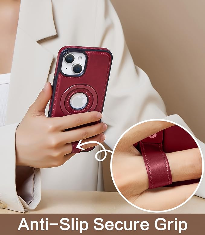 for iPhone 15 Plus/iPhone 14 Plus Leather Case with Stand, Anti-Slip Grip Ring, Fits for MagSafe (Burgundy, iPhone 15/14 Plus)