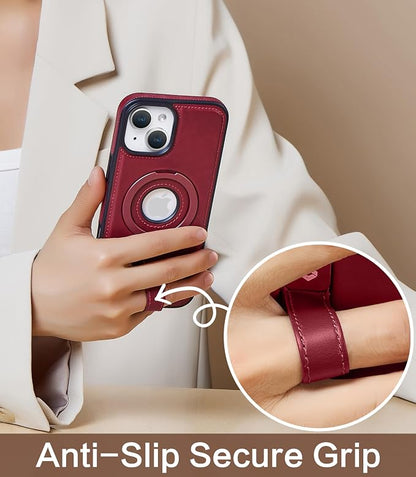 for iPhone 15 Plus/iPhone 14 Plus Leather Case with Stand, Anti-Slip Grip Ring, Fits for MagSafe (Burgundy, iPhone 15/14 Plus)
