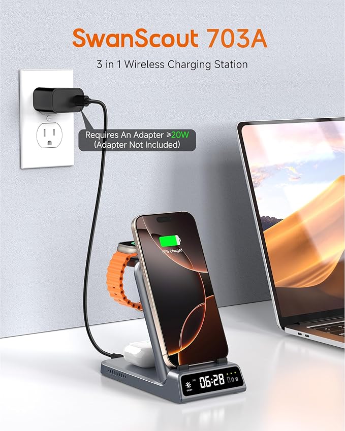 Charging Station for iPhone Air/17, SwanScout 703A, Wireless Charger for iPhone 16/15/14/13/12/11 Series, for Apple Watch 10/Ultra 2/9/8/7/SE 2, for Airpods Pro 3, Foldable and Portable (Tech Grey)