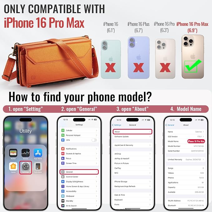 Strapurs Wallet Case Compatible with iPhone 16 Pro Max 6.9" RFID Blocking 10-Card Holder Soft PU Leather Magnetic Snap Shoulder Strap Zipper Pocket Phone Case Fit for iPhone 16 Pro Max - Orange