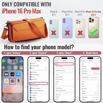 Strapurs Wallet Case Compatible with iPhone 16 Pro Max 6.9" RFID Blocking 10-Card Holder Soft PU Leather Magnetic Snap Shoulder Strap Zipper Pocket Phone Case Fit for iPhone 16 Pro Max - Orange