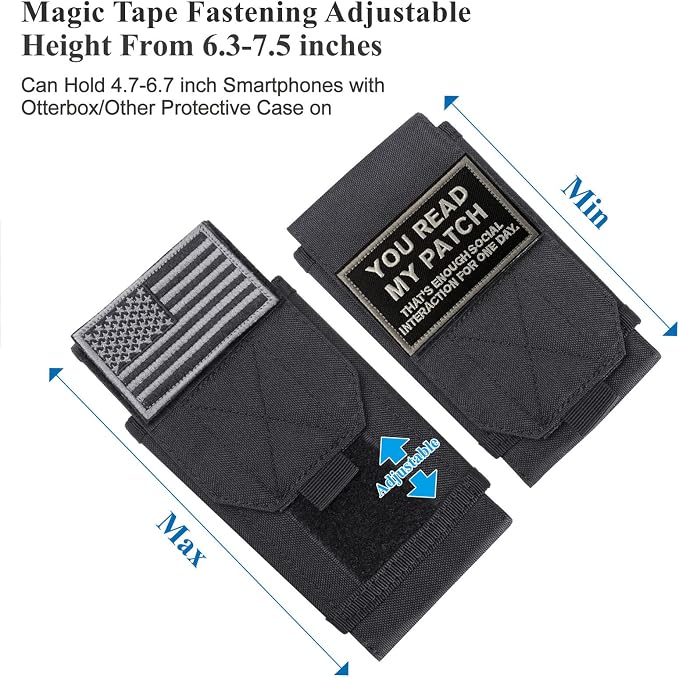 Black Tactical Molle Cellphone Pouch Case,Heavy Duty Waterproof Phone Holster Bag for iPhone 11 12 13 Pro Max for Samsung S22 S21 S20 FE Note 20 A13 A12 A02S Less 6.7" Phone with 1 Pack Patch