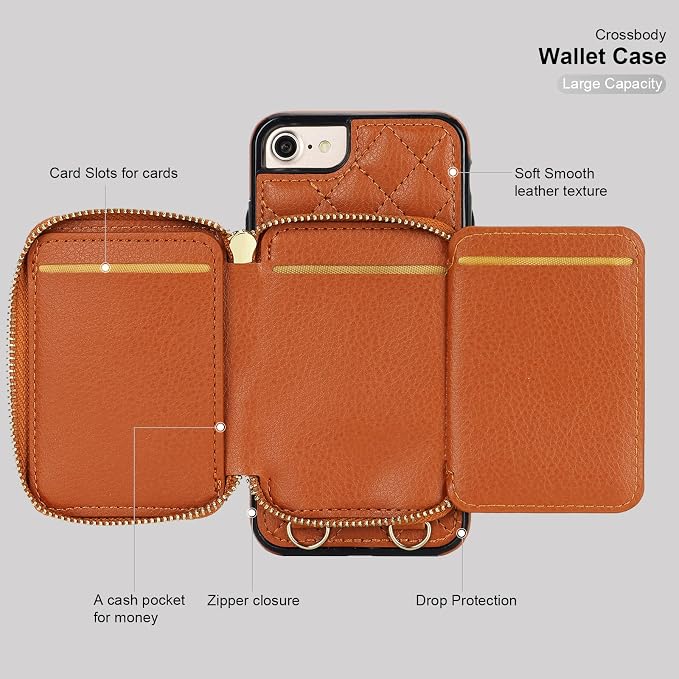 Bocasal Crossbody Wallet Case for iPhone SE 2022/SE 2020/8/7, RFID Blocking PU Leather Zipper Handbag Purse Flip Cover, Kickstand Folio Case with Card Slots Holder Wrist Strap Lanyard 4.7 Inch (Brown)