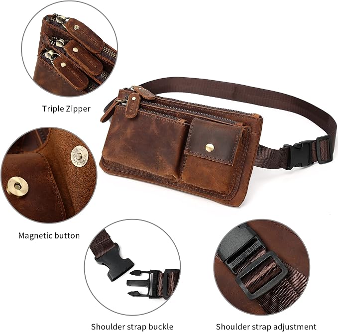 KPYWZER Vintage Leather Waist Bag Fanny Pack for Men Women Hip Bum Bag Belt Slim Cell Phone Purse Wallet Vintage Retro Crossbody Sling Pouch Deep Brown