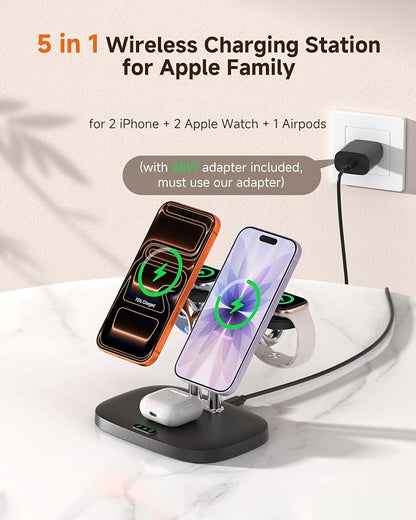 Magnetic 5-in-1 Wireless Charging Stand, Dual Phone & Dual Apple Watch Charger, 5W for Apple Watch Fast Charging Station, Compatible with iPhone 17-12, for Apple Watch Ultra/11-7, SwanScout 902M