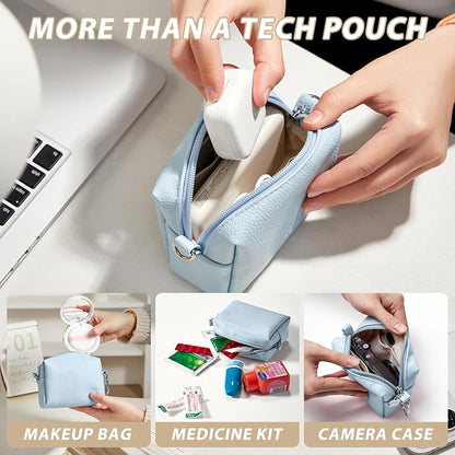 Small Tech Pouch, Waterproof Electronics Travel Case with Carabiner, Compact Cable Organizer Bags & Cases for Chargers, Power Banks, Hard Drives, Earbuds, Cords and Digital Accessories (Blue)