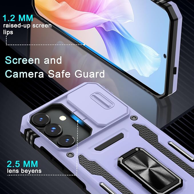 DEERLAMN Case for Samsung Galaxy S25 FE 6.7-Inch with Slide Camera Cover+Screen Protector(1 Pack), Rotated Ring Kickstand Military Grade Shockproof Protective Cover-Light Purple