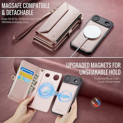 Strapurs for iPhone Air Detachable Wallet Case Compatible with Magsafe for Women, RFID Blocking 9-Card Holder Zipper Strap Lanyard PU Leather Magnetic Phone Case for iPhone 17 Air 6.5", Rose Gold