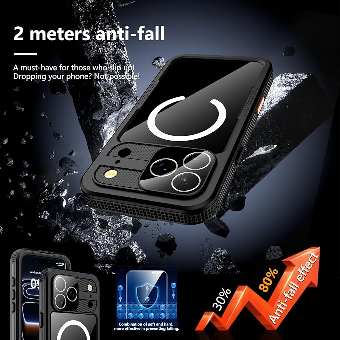 GOLDJU 2025 New Magnetic for iPhone 17 Pro Max Case-Waterproof, Built-in Screen & Camera Protector-IP68 Underwater Full Body 16FT Military Dropproof Shockproof Case for 17 Pro Max 6.9''-Black