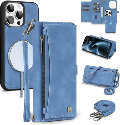 Wallet Case for iPhone 15 Pro Max with Card Holder/Crossbody Wallet/Strap| RFID Blocking | Magnetic | Kickstand | Detachable | PU Leather Phone Case for iPhone 15 Pro Max,6.7 in,Sky Blue
