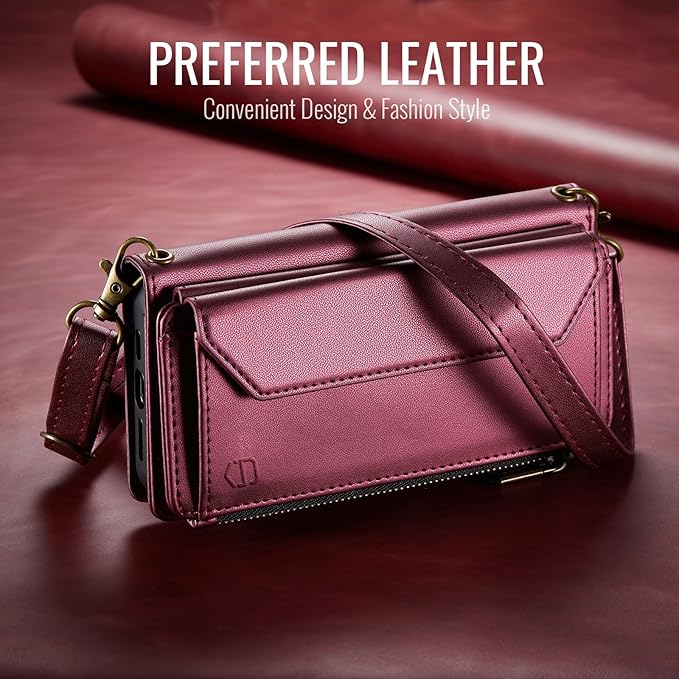 Strapurs Crossbody Wallet Case Compatible with Samsung Galaxy S22 Ultra 5G RFID Blocking 10-Card Holder Soft PU Leather Magnetic Snap Strap Zipper Pocket Phone Case Fit for Galaxy S22 Ultra - Wine Red