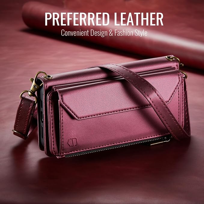 Strapurs Crossbody Wallet Case Compatible with Samsung Galaxy S22 5G RFID Blocking Card Holder Soft PU Leather Magnetic Snap Shoulder Strap Zipper Pocket Phone Case Fit for Galaxy S22 6.1" - Wine Red