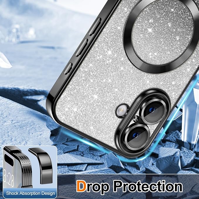 Hython for iPhone 17 Case Glitter Clear Magnetic Phone Cases [Compatible with MagSafe] Full Camera Lens Protector Sparkle Luxury Plating Slim Shockproof Protective Cover Women, Gradient Black