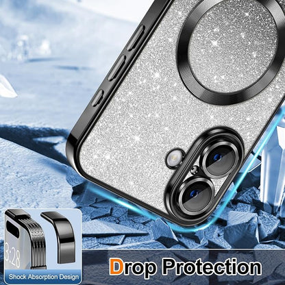 Hython for iPhone 17 Case Glitter Clear Magnetic Phone Cases [Compatible with MagSafe] Full Camera Lens Protector Sparkle Luxury Plating Slim Shockproof Protective Cover Women, Gradient Black