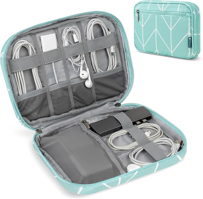 PAVILIA Travel Cord Organizer Case for Cables & Chargers, Teal Blue | 10 x 6.8 x 1.7 in 600D water-repellent electronics bag pouch with 7 loops, 5 mesh pockets, front zip pocket and dual zippers