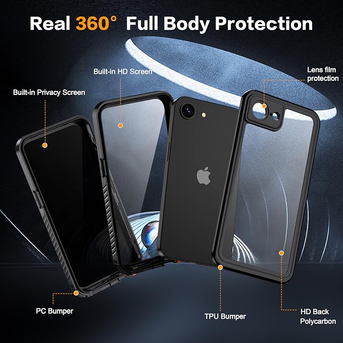 for iPhone 17E/16E Case Waterproof - Built-in Privacy Screen Protector & HD Screen Protector [IP68 Underwater] Shockproof Dustproof Full Body Protection iPhone 17E/16E Phone Case Black